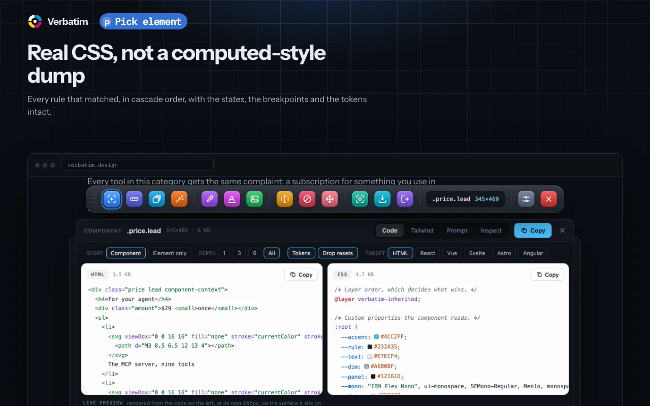 Real CSS, not a computed-style dump: every matched rule, states and tokens intact