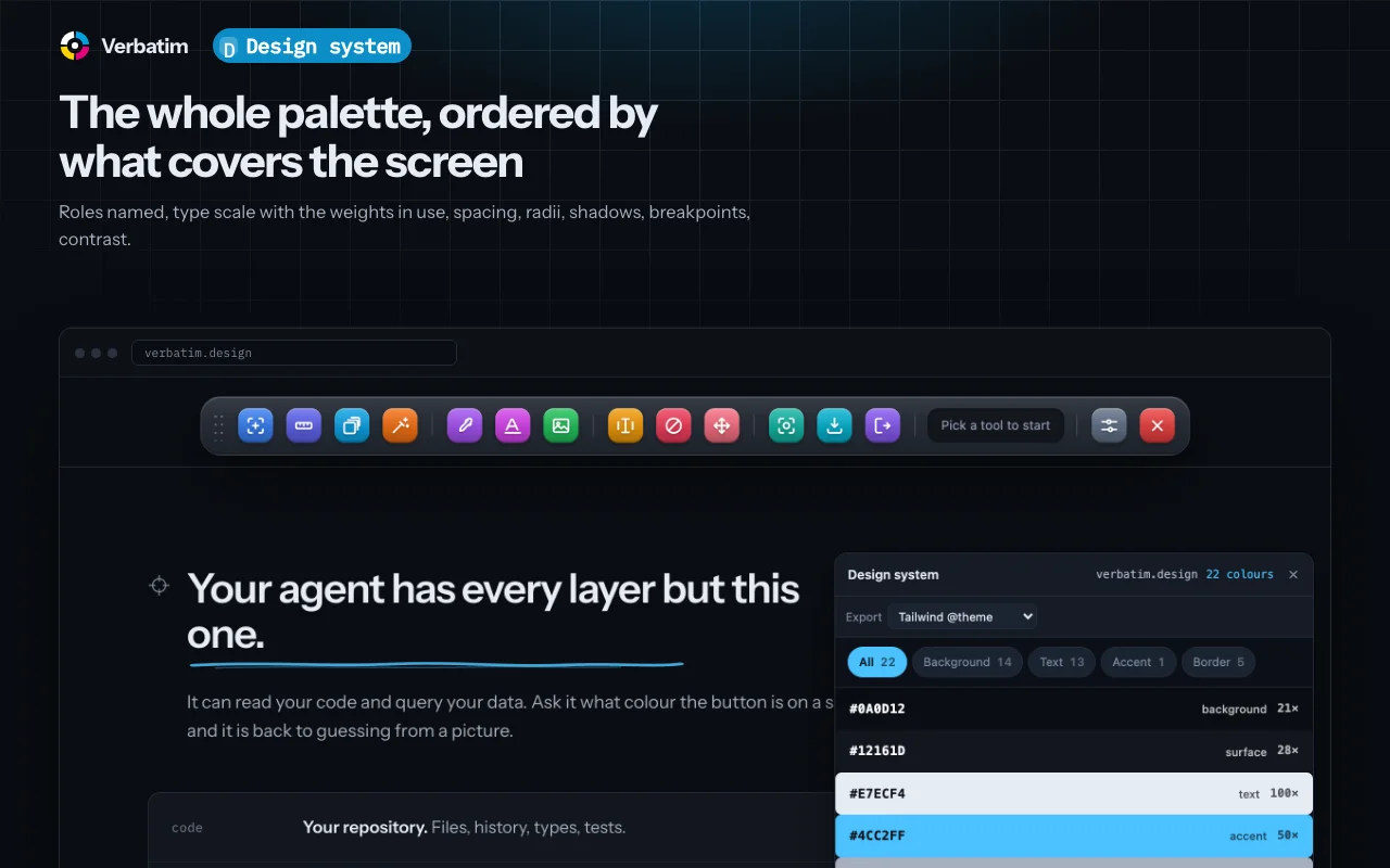 The whole palette, ordered by what covers the screen, with roles named