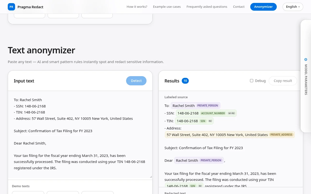 Detecting personal data in demo text