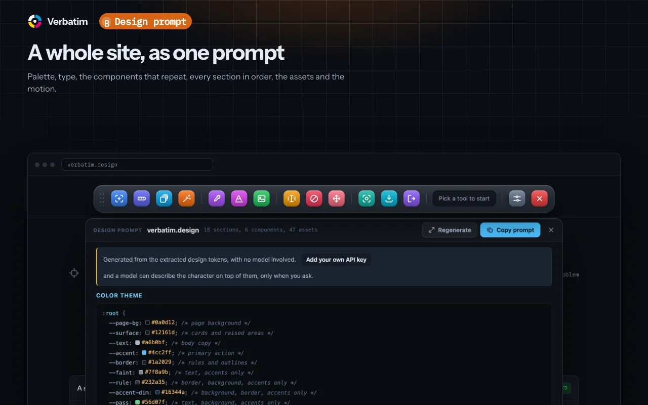 A whole site as one prompt: palette, type, repeating components and sections