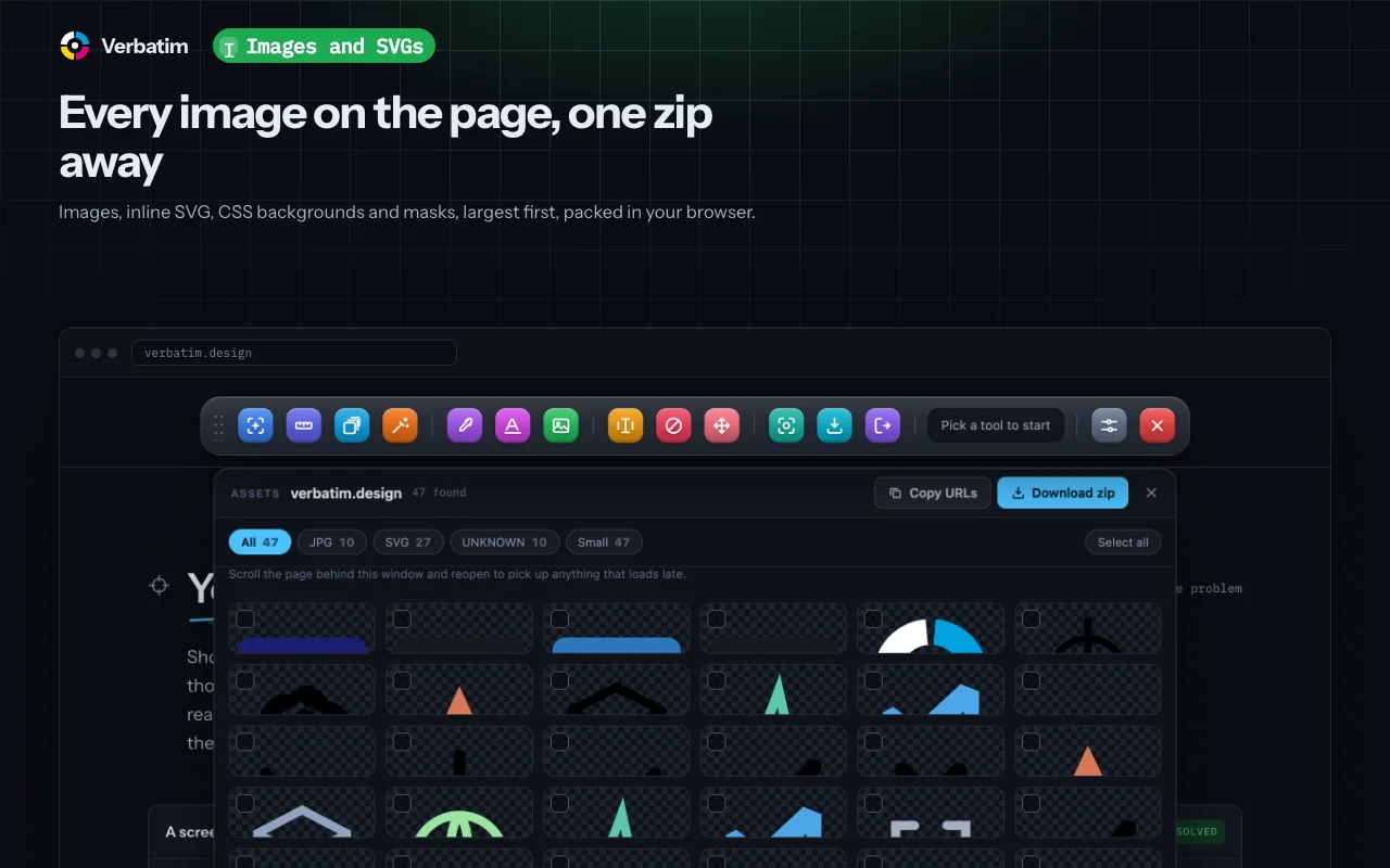 Every image, inline SVG and CSS background on the page, one zip away